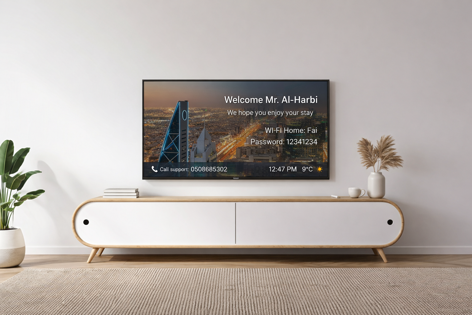 Modern living room with a large TV displaying a welcome screen