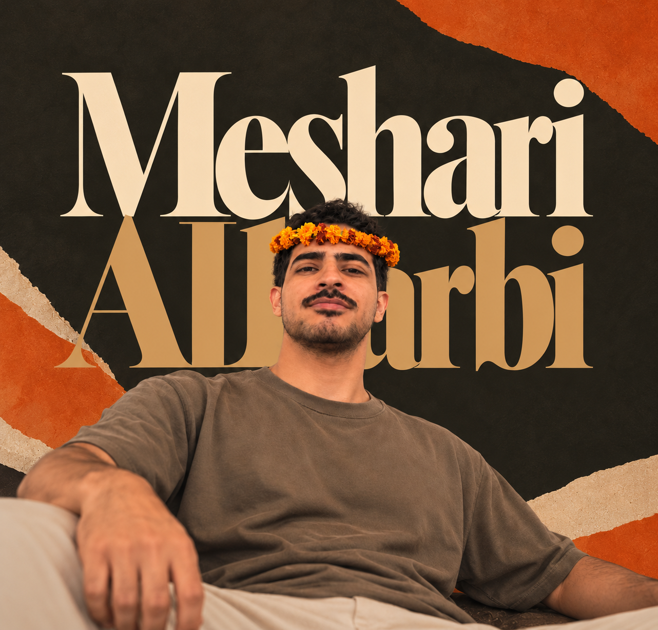 Meshari Alharbi wearing an orange flower crown, seated in front of textured editorial lettering